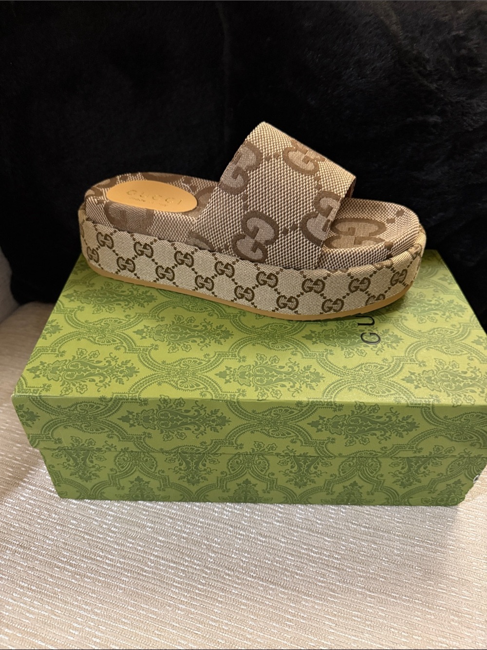 Gucci Beige/Brown GG Platform Slide Mule
